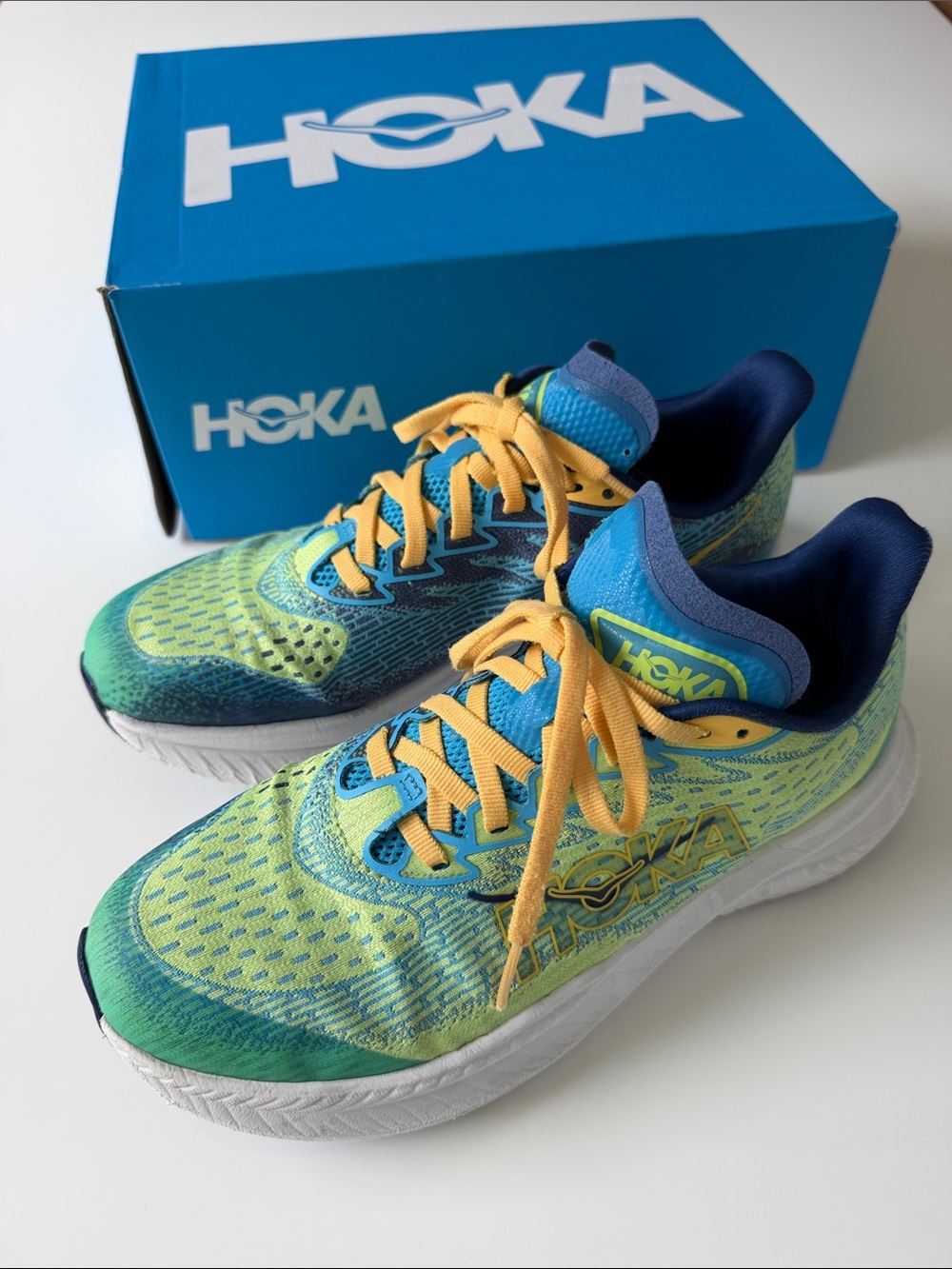 HOKA Youth Kids Size 5 Running Shoes Blue Green Yellow Original Box